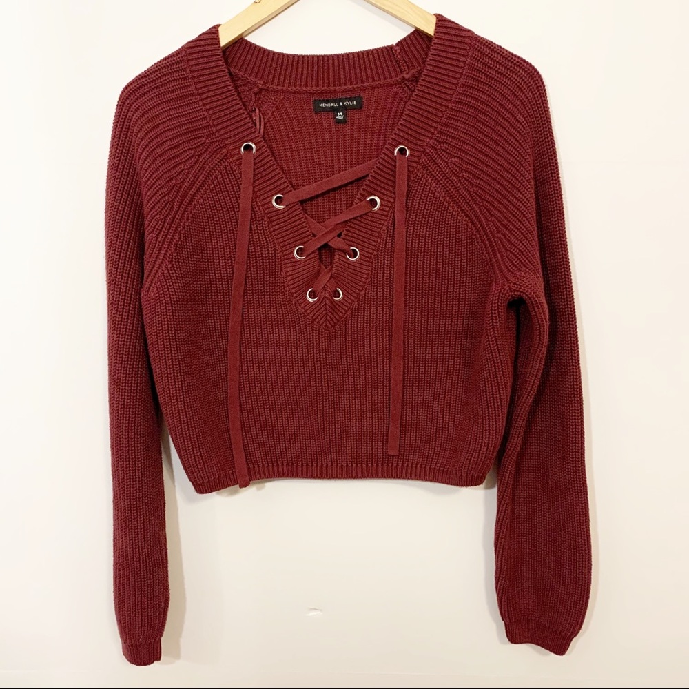 Kendall & Kylie Crop Lace Up Sweater